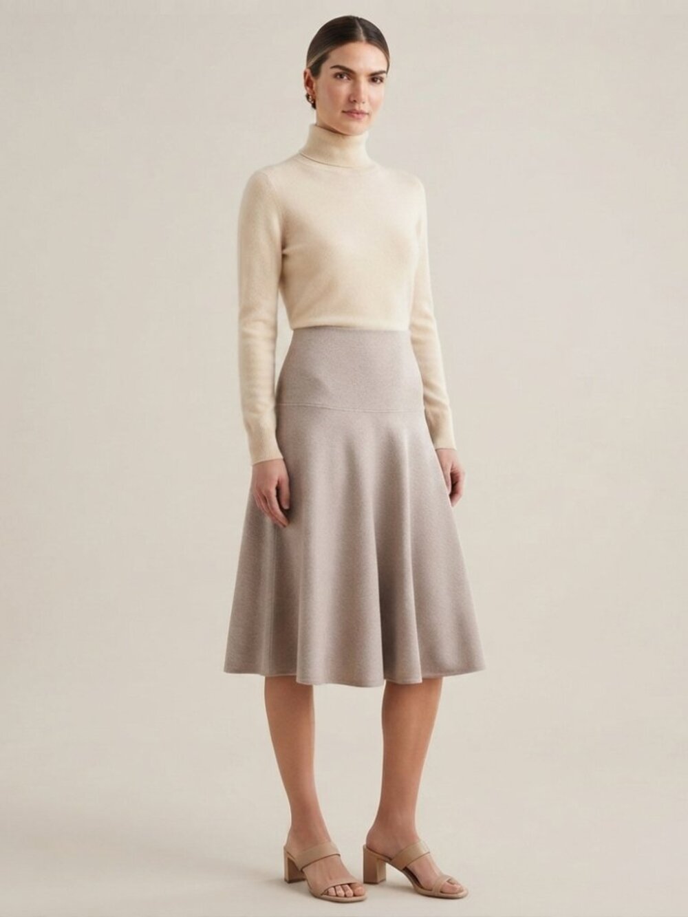 OGL Move Beige A-Line Midi Skirt S High Waist Suede Knit coastal preppy luxury